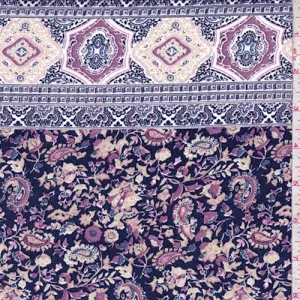 Navy/Lilac Stylized Paisley Crepe Georgette Fabric