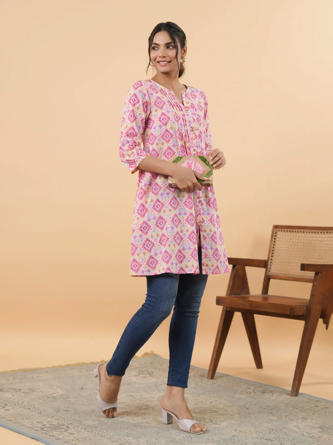 Pink Cotton Ikkat Pleated Tunic