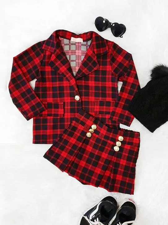 Plaid Pleated Princess Blazer And Skirt Set