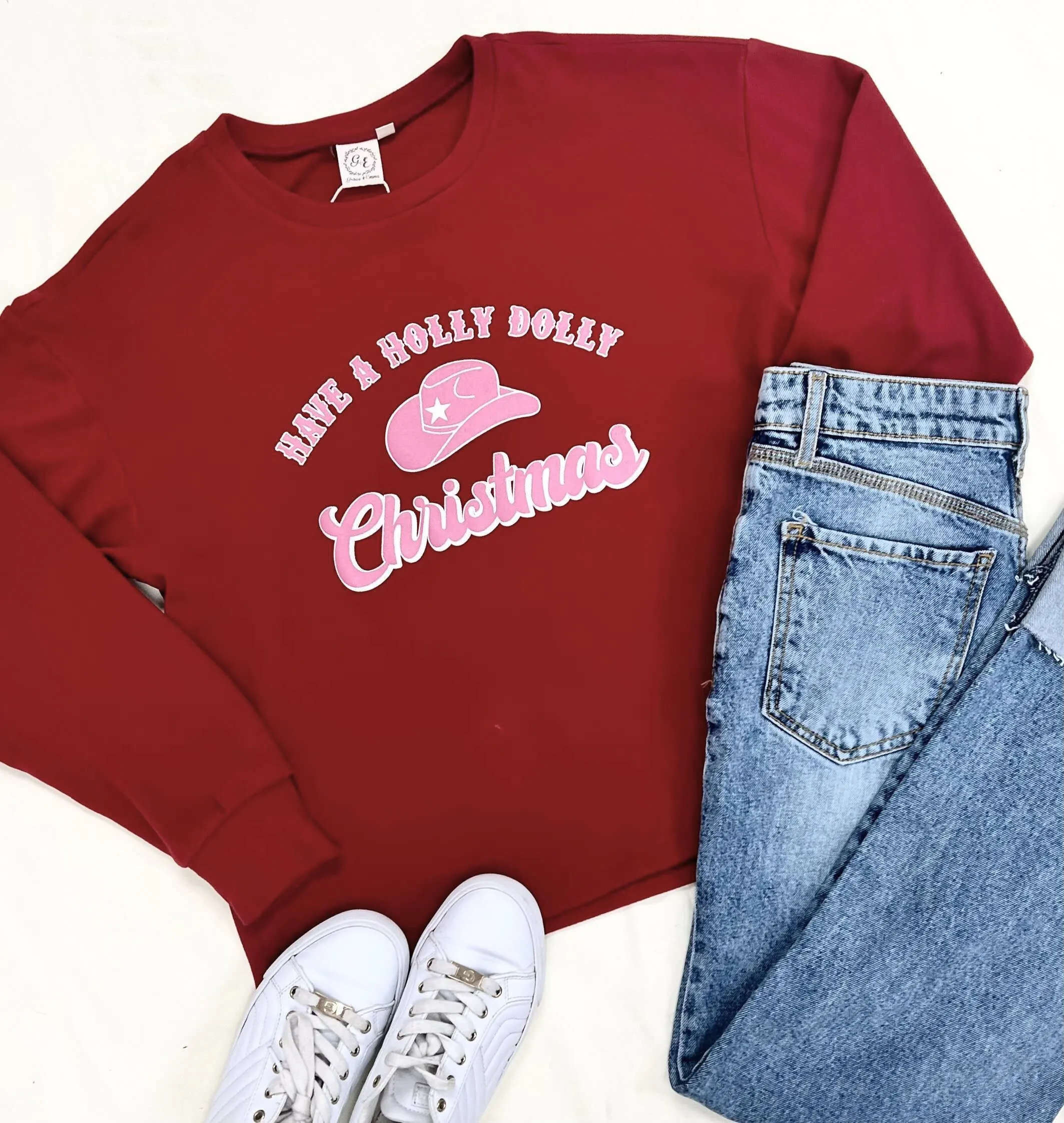 "Have a Holly Dolly Christmas" on Red Crazy Cozy Microfleece Crewneck