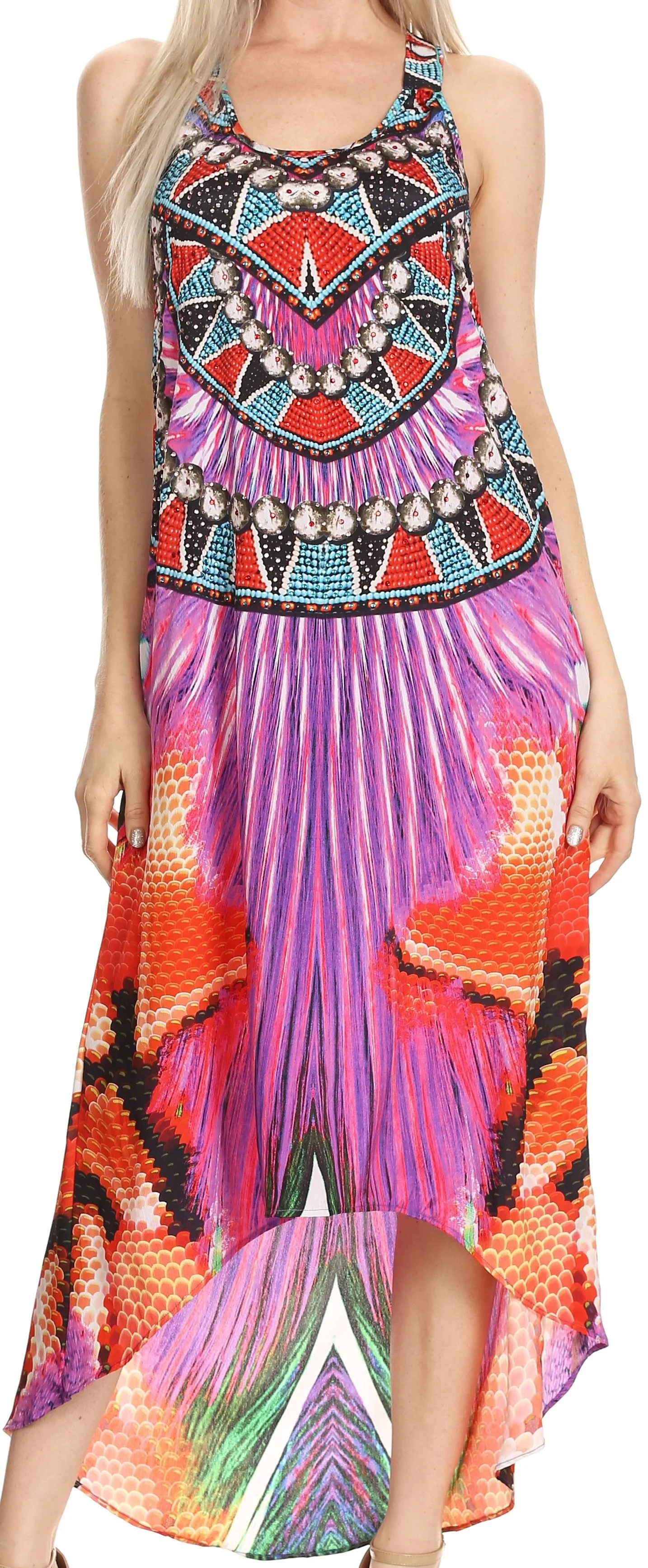 Sakkas Aramis Printed Long Draped Accent O Ring Crisscross Strappy Maxi Dress