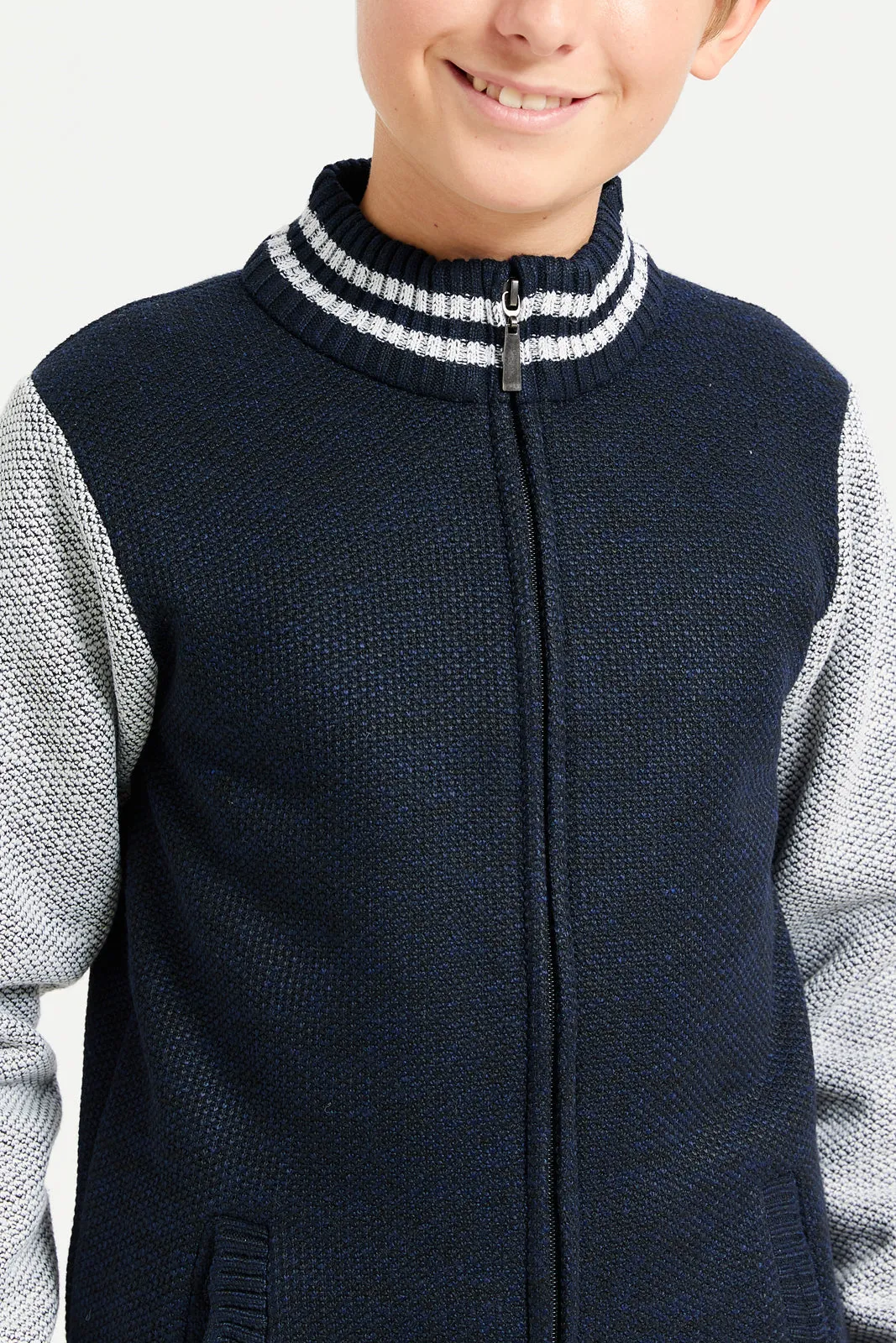 Senior Boys Navy Cut And Sew Zip-Thru Pullover