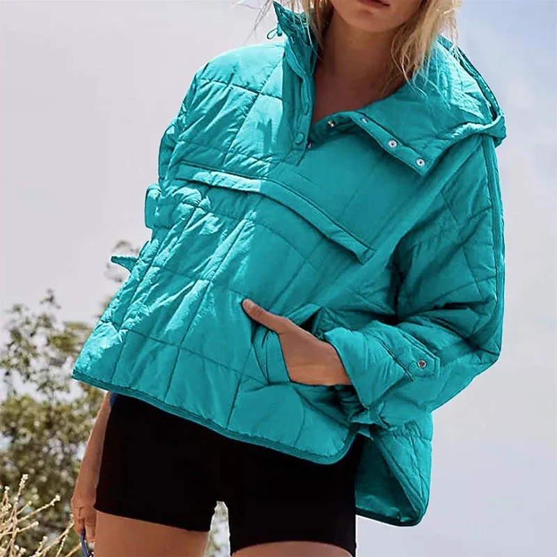 Solid Color Padded Jacket For Women. Long Sleeves Hooded Pullovers.