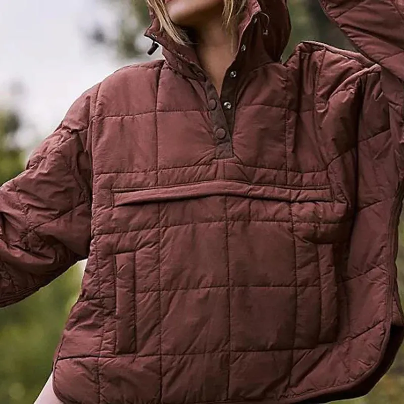 Solid Color Padded Jacket For Women. Long Sleeves Hooded Pullovers.