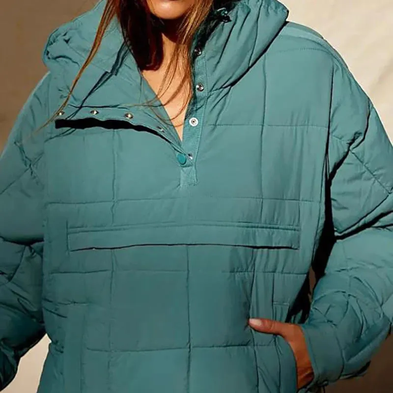 Solid Color Padded Jacket For Women. Long Sleeves Hooded Pullovers.