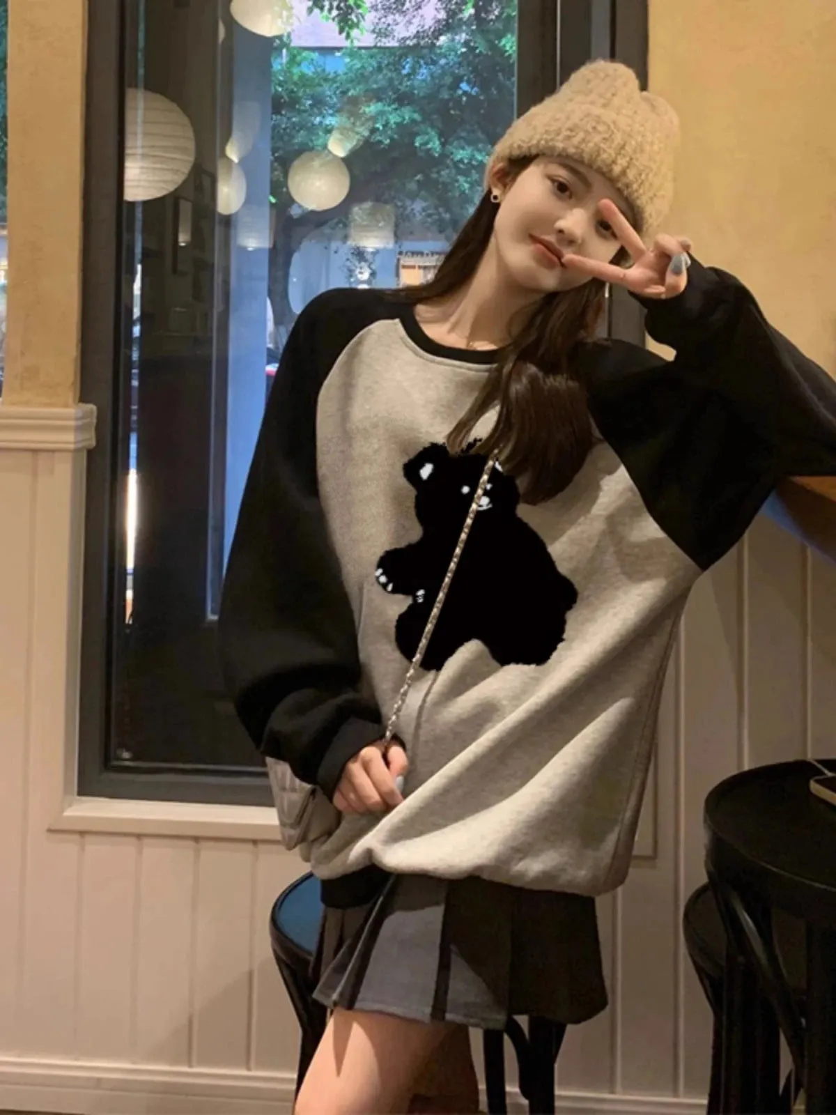 Sweet O-neck Chicly Printing Women Hoodies Black Contrast Color Loose Casual Pullovers Streetwear Fashion Female Hoodies