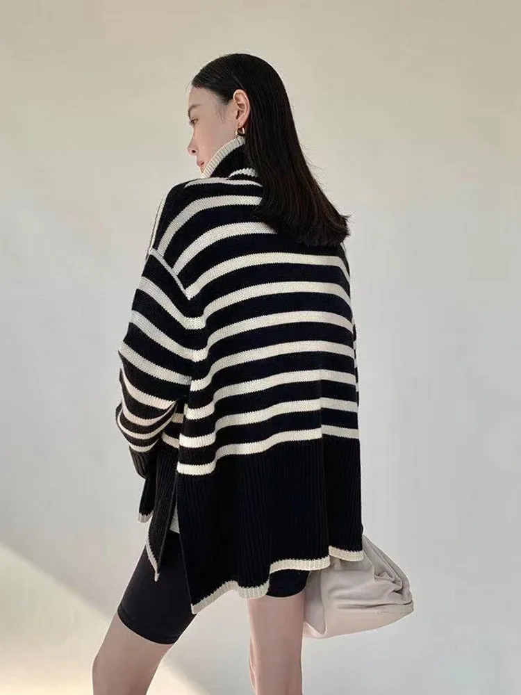 Thick Women Turtleneck Sweaters Winter Fashion Striped Warm Loose Pullover Jumper Oversize Casual Designed Korean Knit Coat