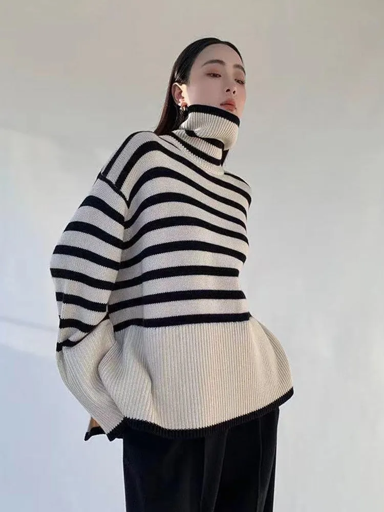 Thick Women Turtleneck Sweaters Winter Fashion Striped Warm Loose Pullover Jumper Oversize Casual Designed Korean Knit Coat