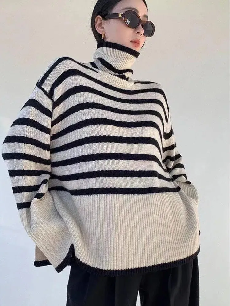 Thick Women Turtleneck Sweaters Winter Fashion Striped Warm Loose Pullover Jumper Oversize Casual Designed Korean Knit Coat