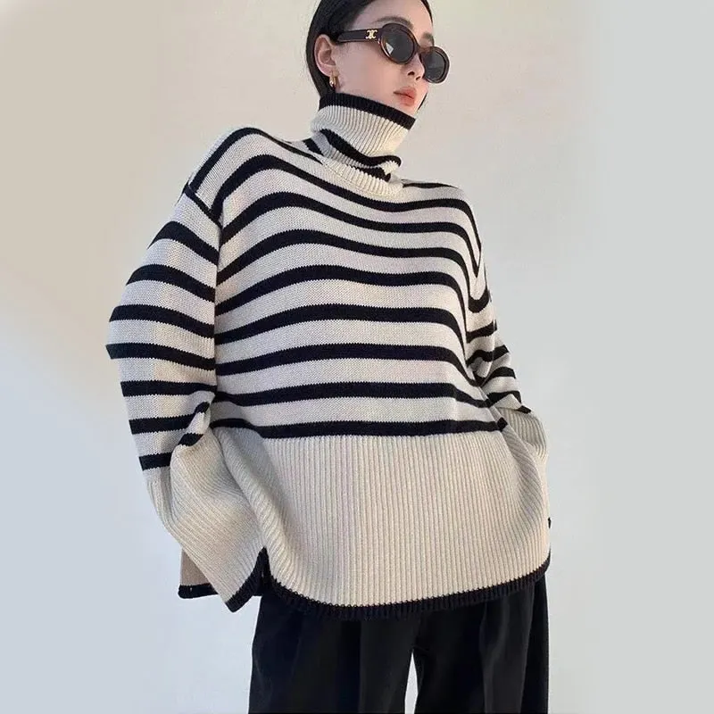 Thick Women Turtleneck Sweaters Winter Fashion Striped Warm Loose Pullover Jumper Oversize Casual Designed Korean Knit Coat