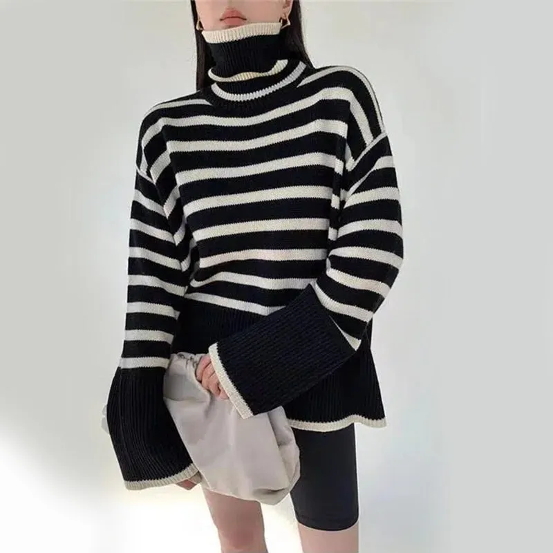 Thick Women Turtleneck Sweaters Winter Fashion Striped Warm Loose Pullover Jumper Oversize Casual Designed Korean Knit Coat