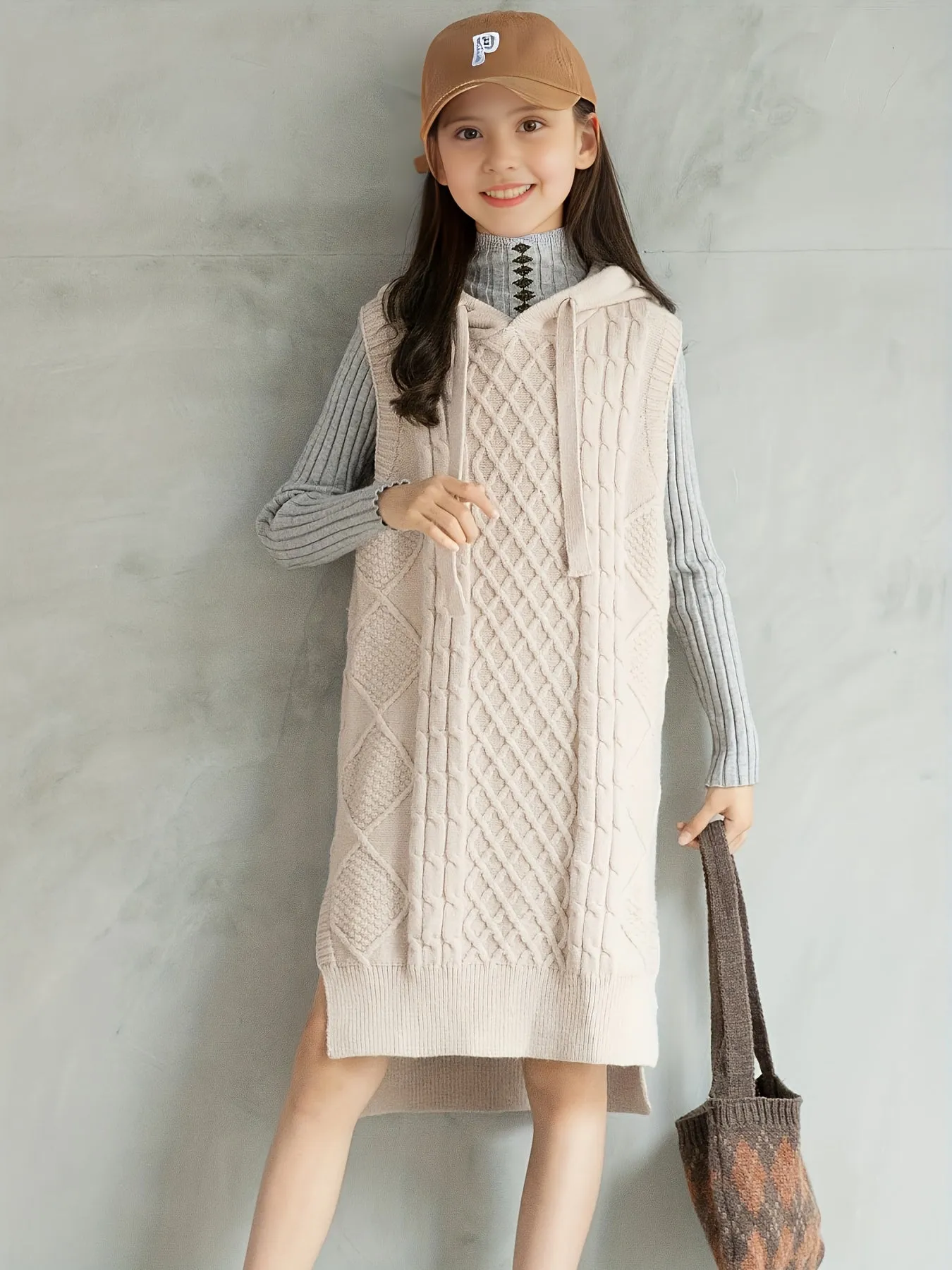 Tween Girl's Sleeveless Thick Knitted Hooded Sweater Dress For Autumn And Winter