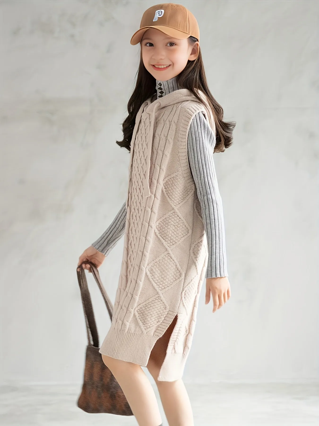 Tween Girl's Sleeveless Thick Knitted Hooded Sweater Dress For Autumn And Winter