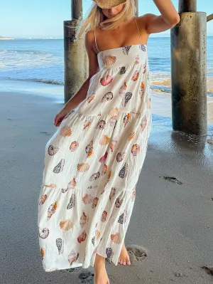 Unique Shell Conch Print Pleated Pockets Lightweight Maxi Dress