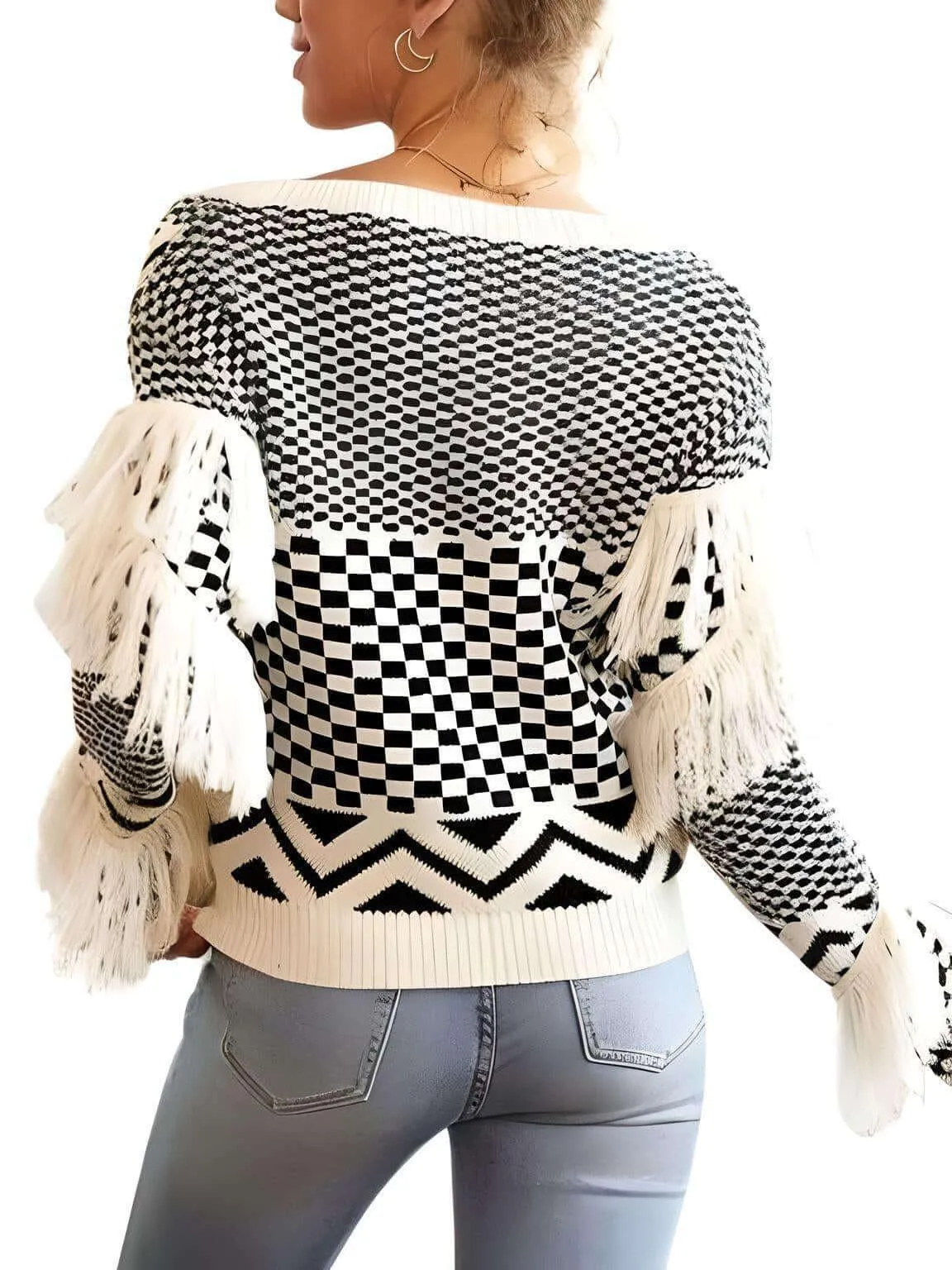 Vintage White Fringe Sweater For Women