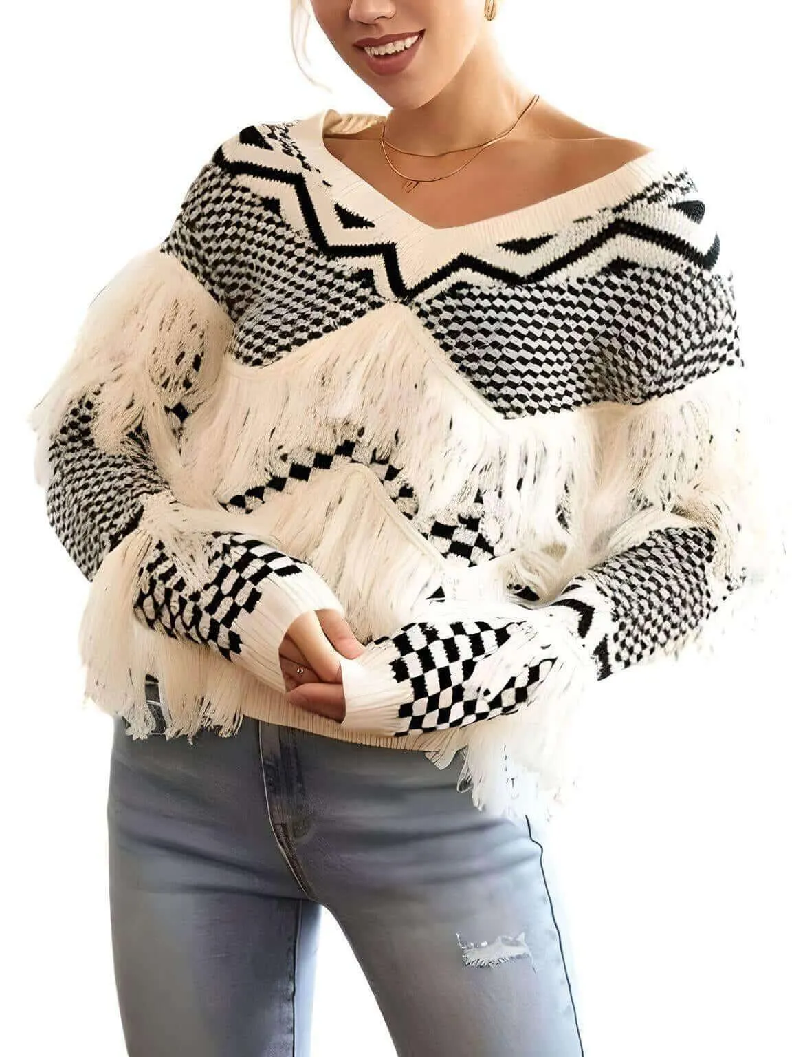 Vintage White Fringe Sweater For Women