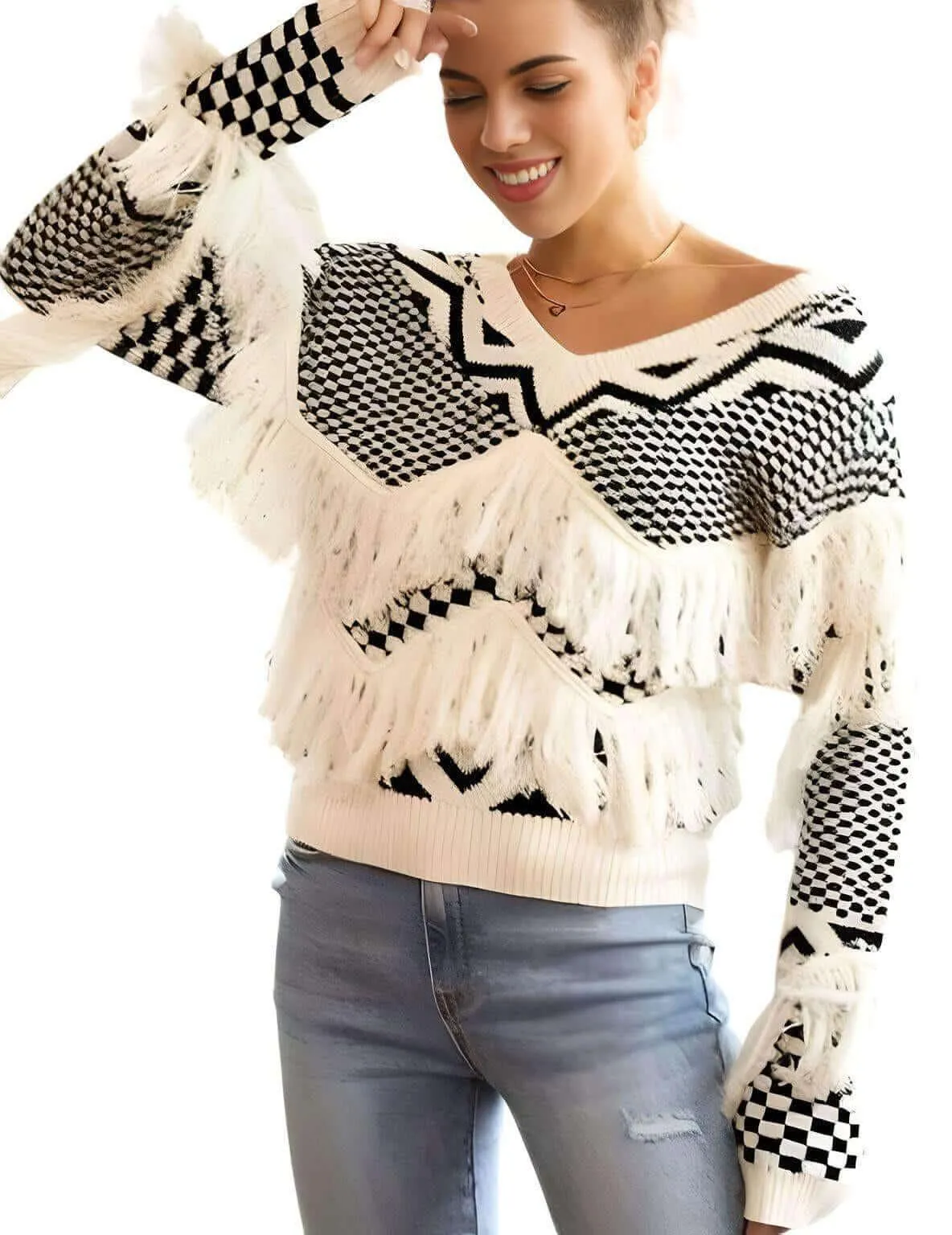 Vintage White Fringe Sweater For Women