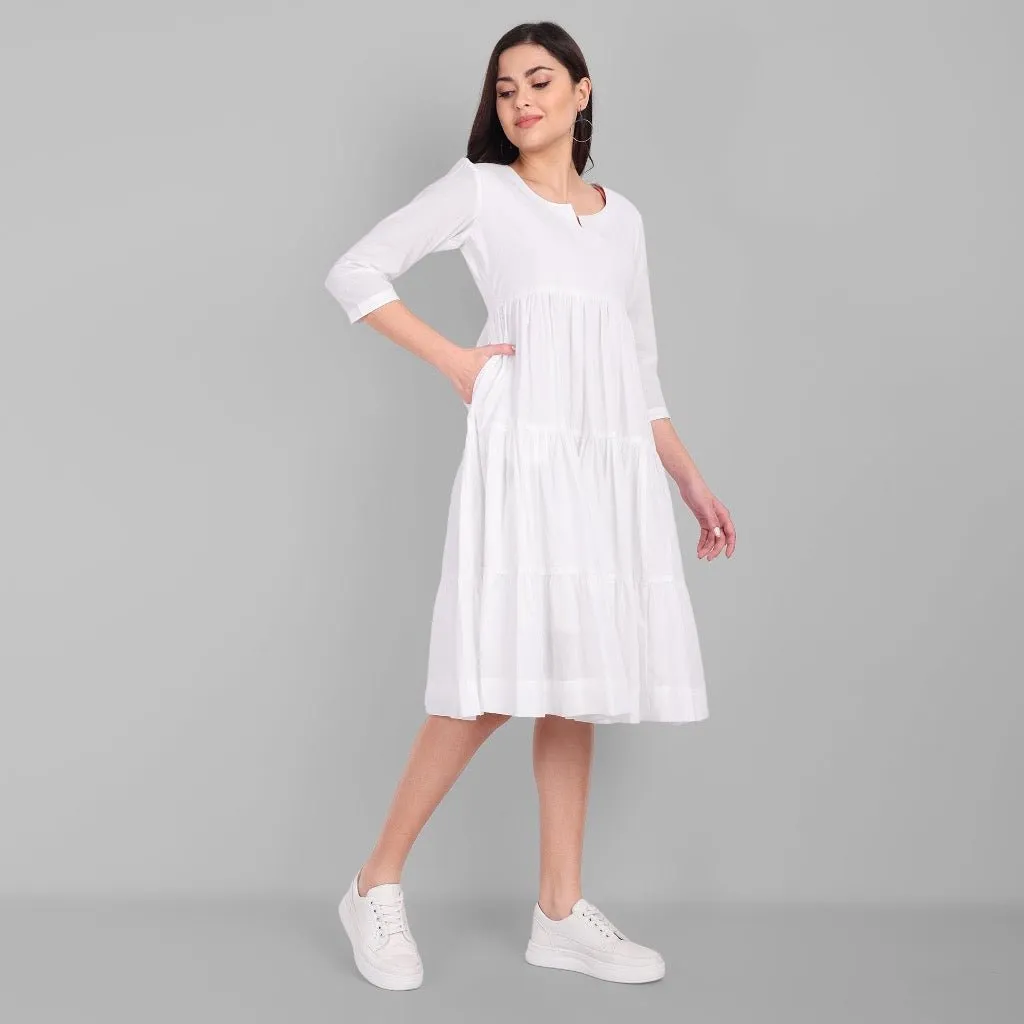 White Mul Cotton Graduated Short Dress