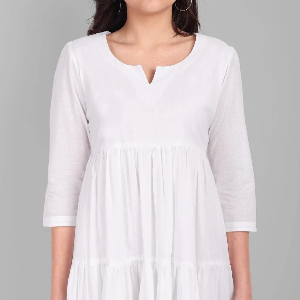 White Mul Cotton Graduated Short Dress