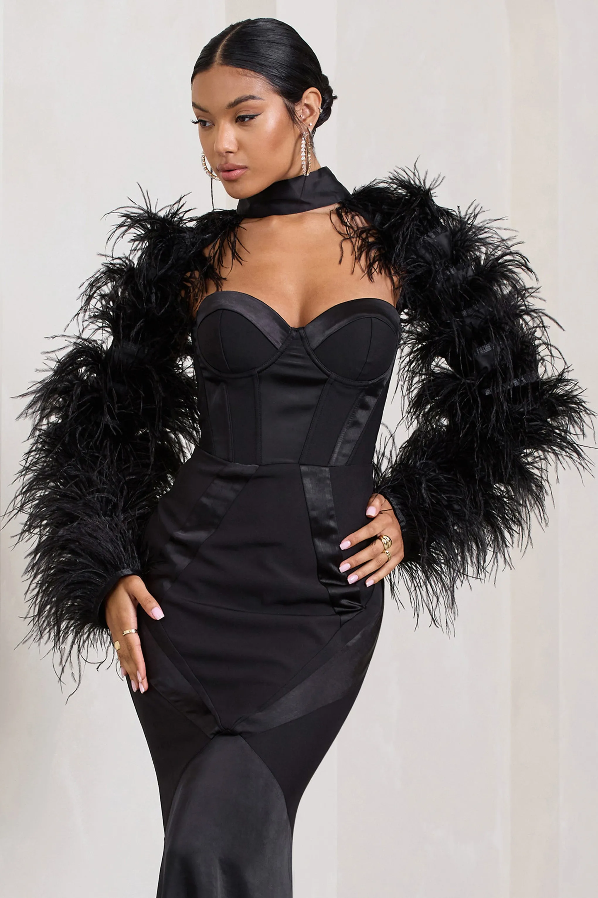 Wild | Black Satin Jacket With Long Feather Sleeves