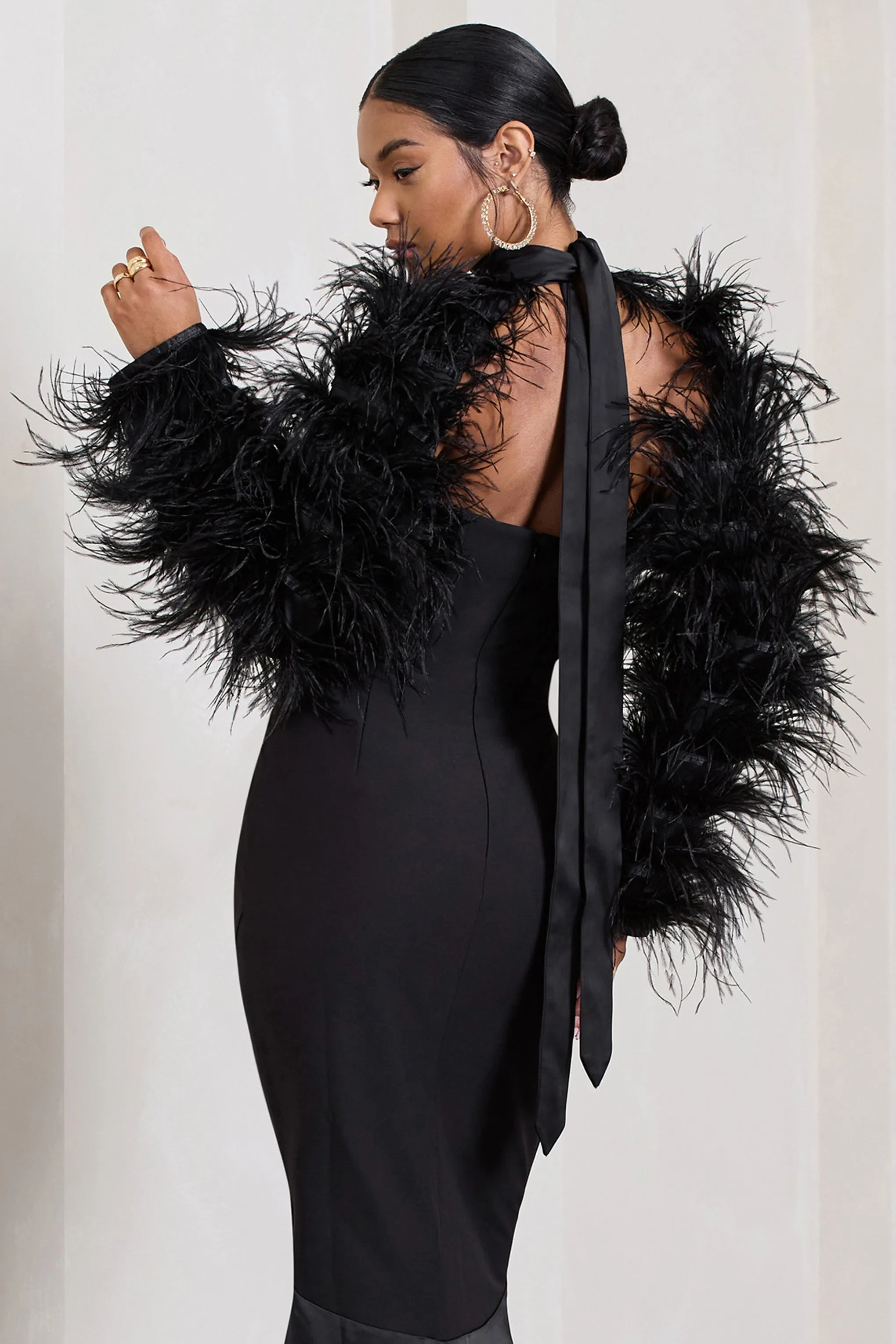 Wild | Black Satin Jacket With Long Feather Sleeves