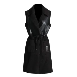 Winter LambsWool Vest For Women Lapel Sleeveless Patchwork PU Leather Lace Up Solid Thick Vests Female Clothing