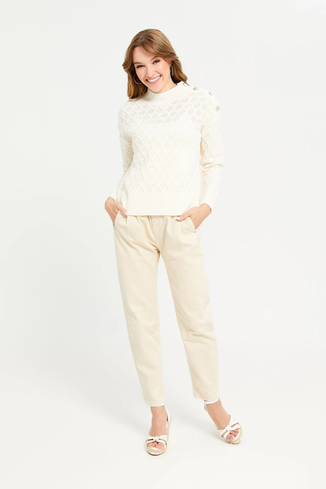 Women Ivory Embellished Cable Knit Pullover