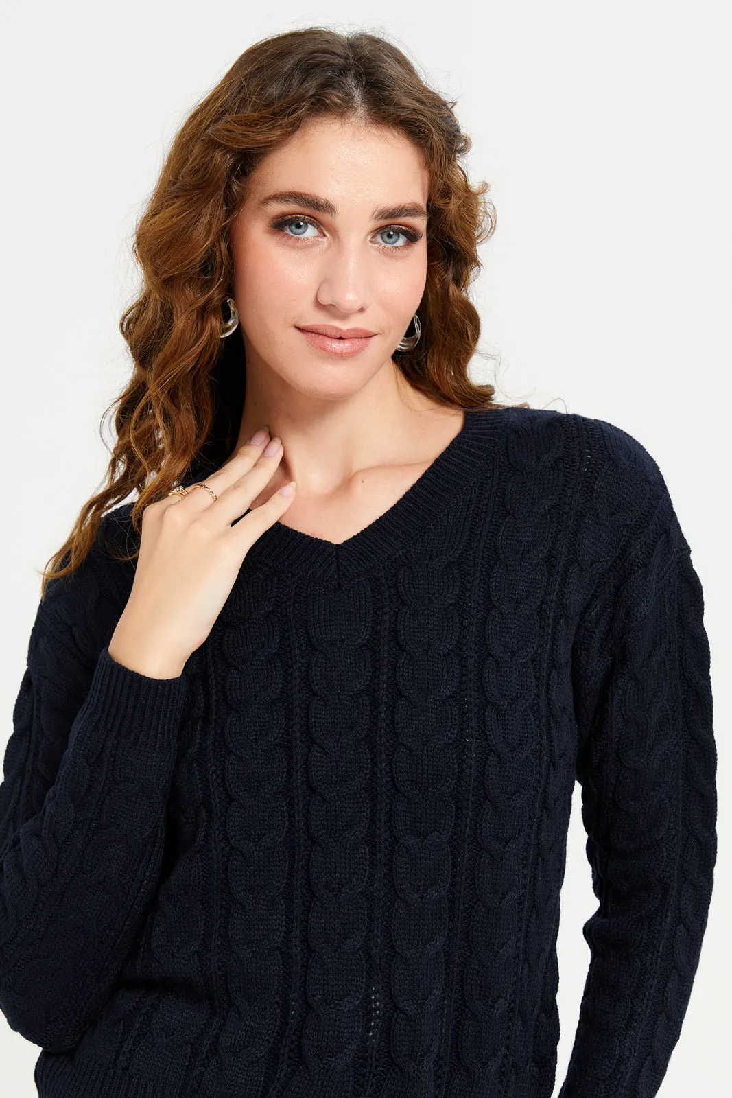 Women Navy Cable Knitted Crop Pullover