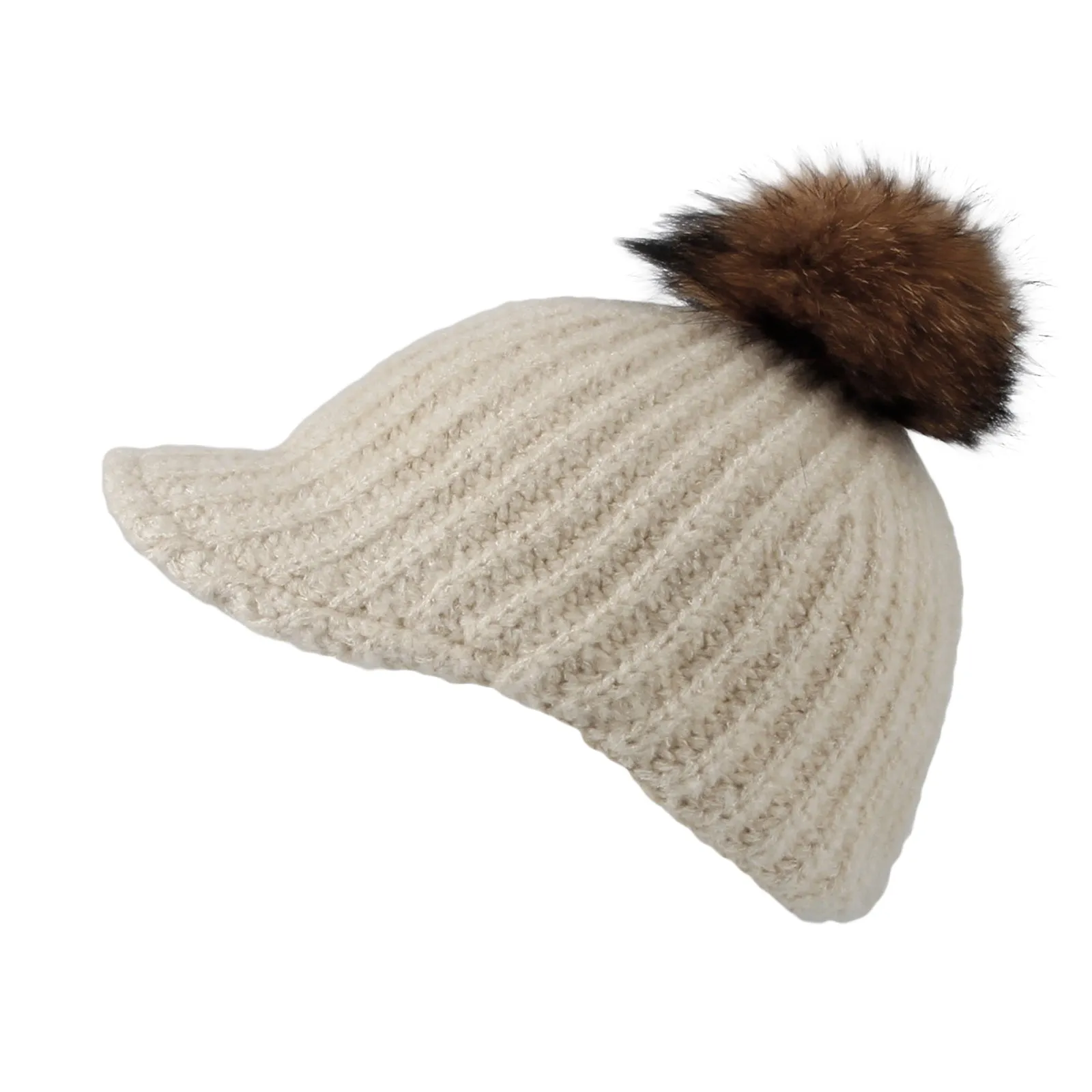 Women Ribbed Visor Knit Pom Beanie Hat Winter Warm Cap SLQ1252