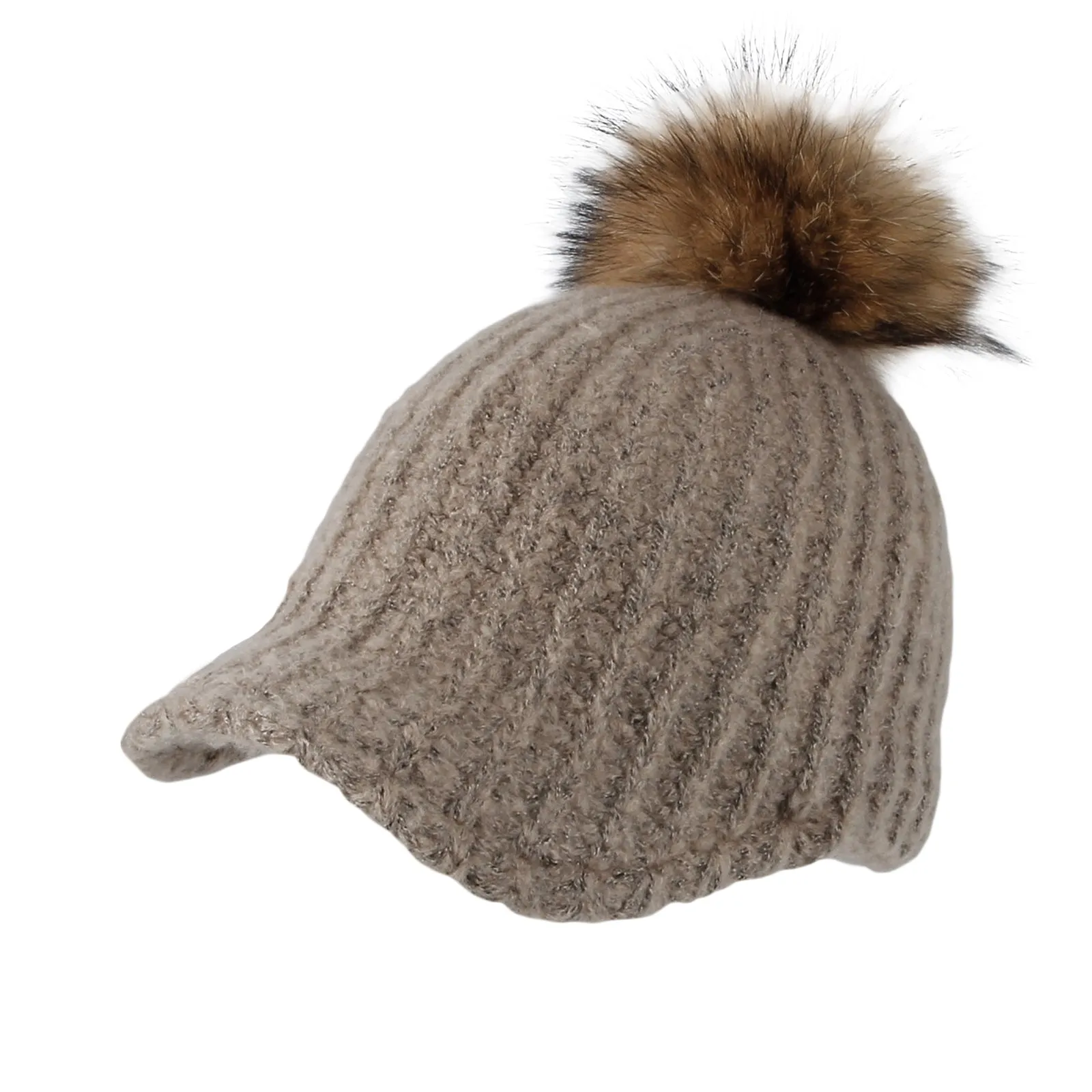 Women Ribbed Visor Knit Pom Beanie Hat Winter Warm Cap SLQ1252