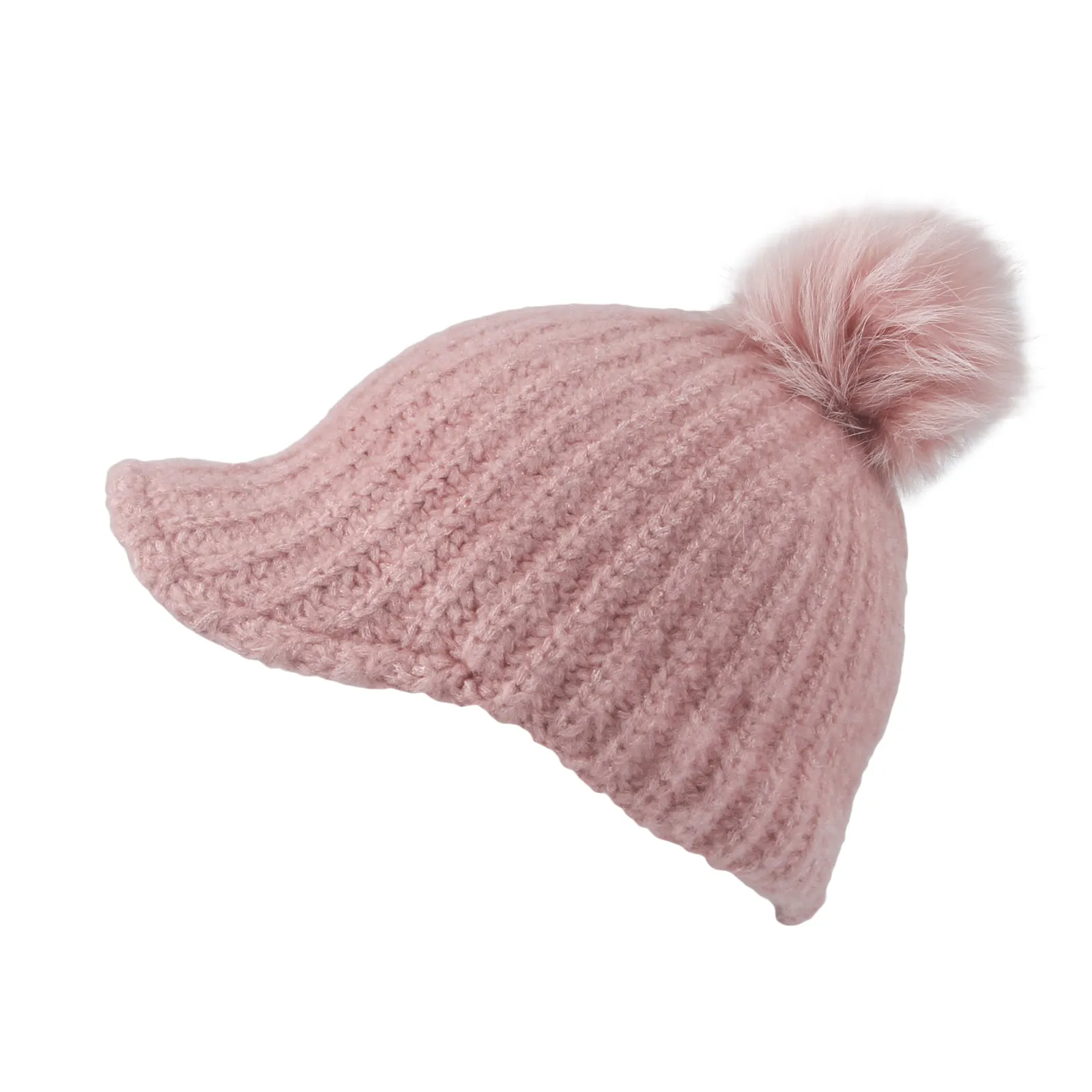 Women Ribbed Visor Knit Pom Beanie Hat Winter Warm Cap SLQ1252