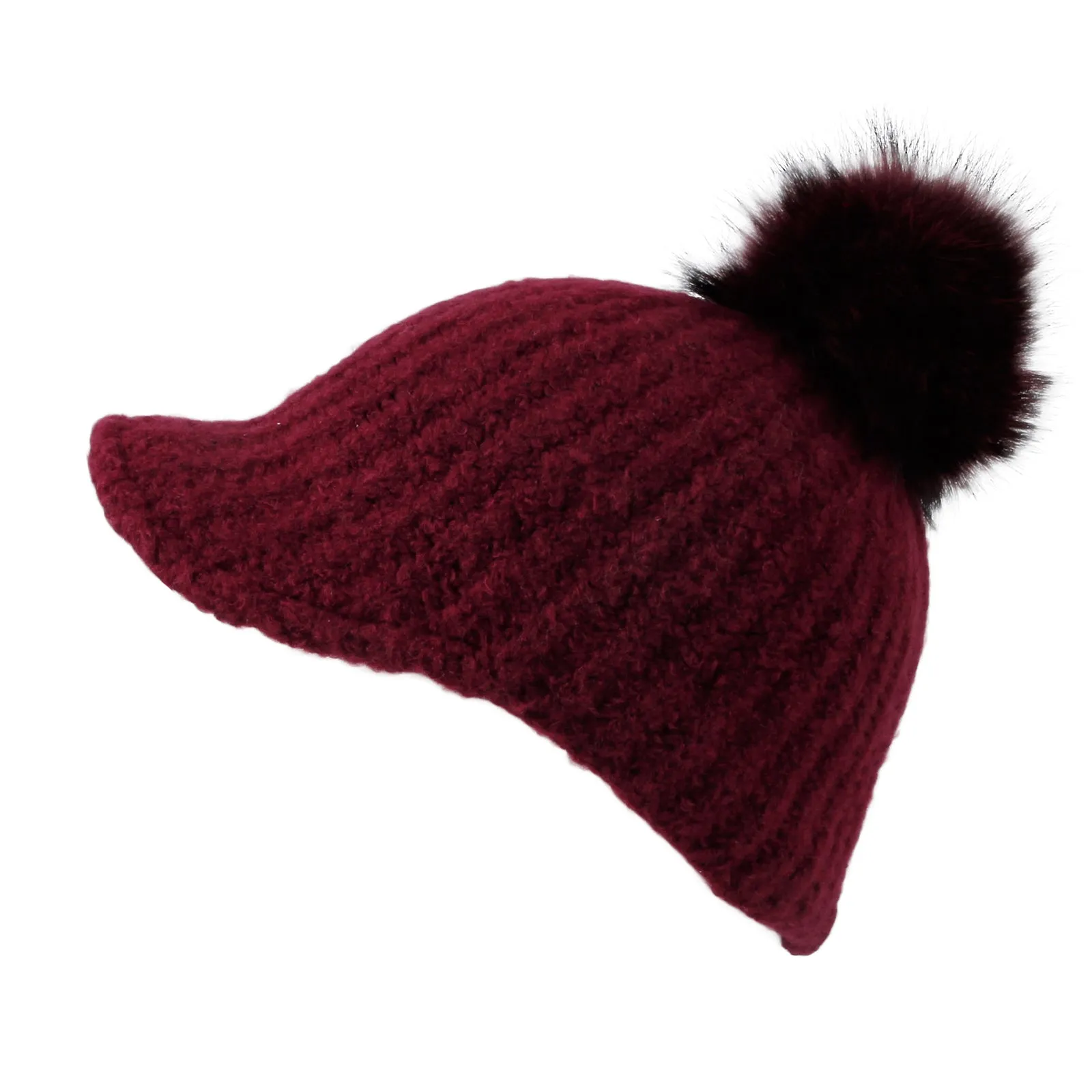 Women Ribbed Visor Knit Pom Beanie Hat Winter Warm Cap SLQ1252