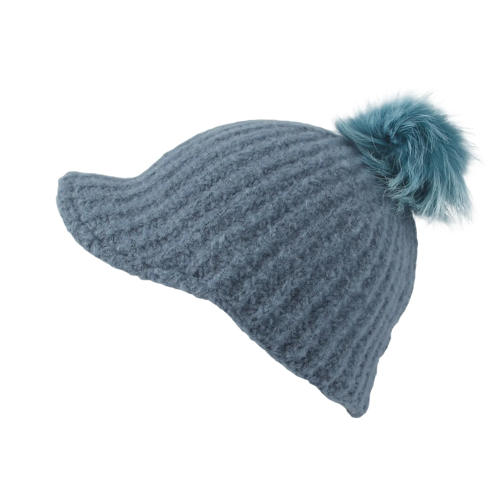 Women Ribbed Visor Knit Pom Beanie Hat Winter Warm Cap SLQ1252