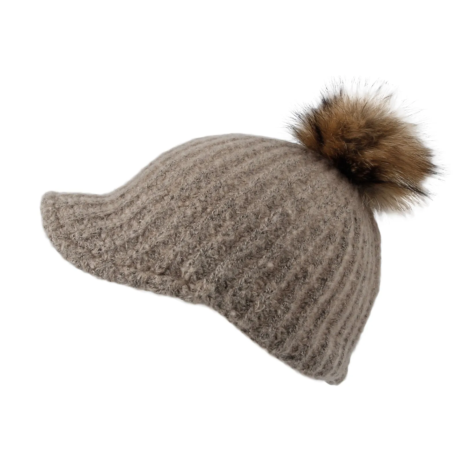 Women Ribbed Visor Knit Pom Beanie Hat Winter Warm Cap SLQ1252