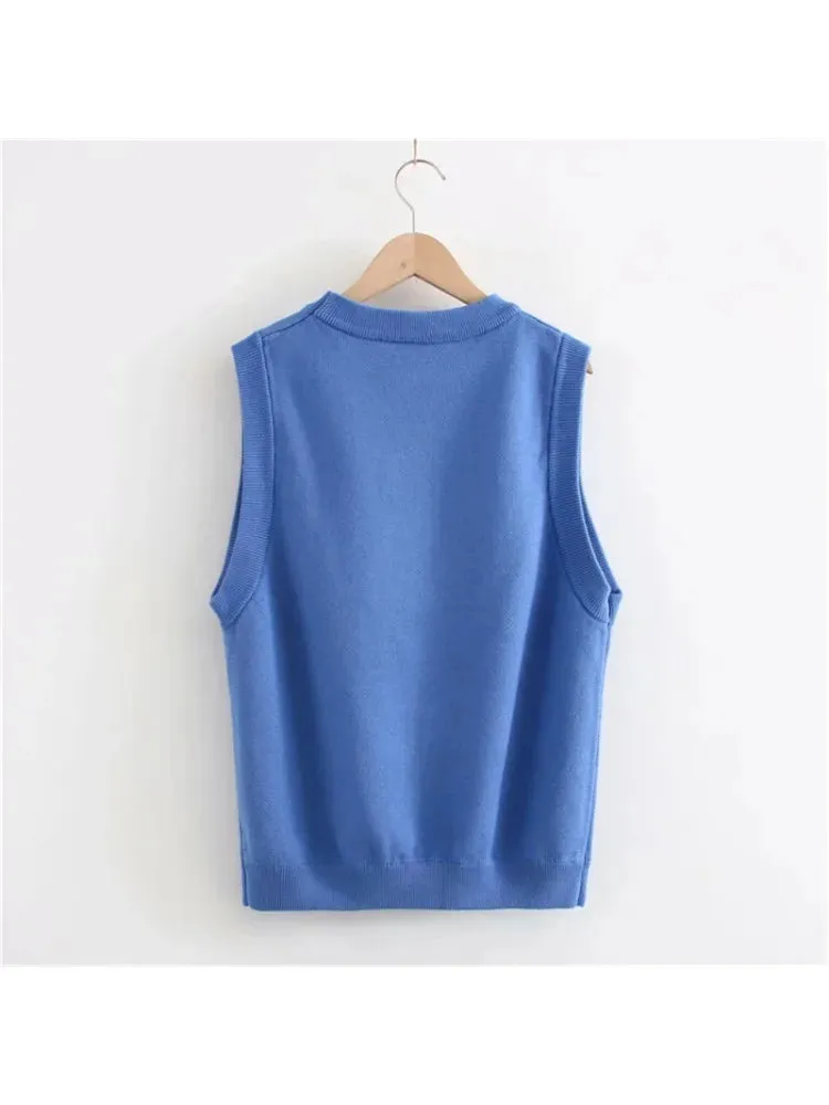 Women's Cartoon Embroidery Knitted Sweaters Blue Sleeveless Vest Winter Warm O-Neck Female Jumpers Pullovers