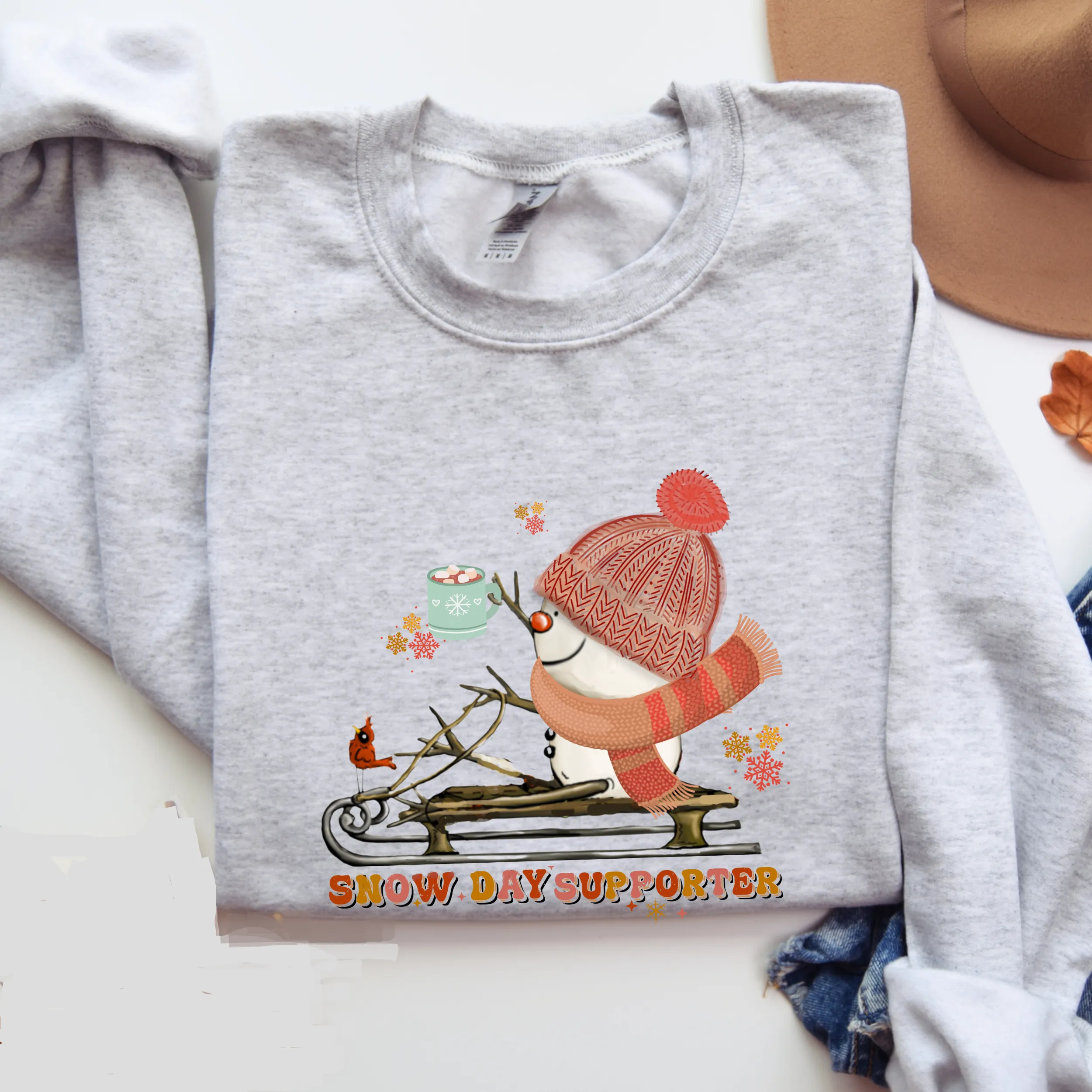 Women's Crewneck Sweatshirt, Snow Day Supporter Pullover, Comfy & Cozy, Winter Sweatshirt, Ash, White, Sand or Navy Sweatshirt