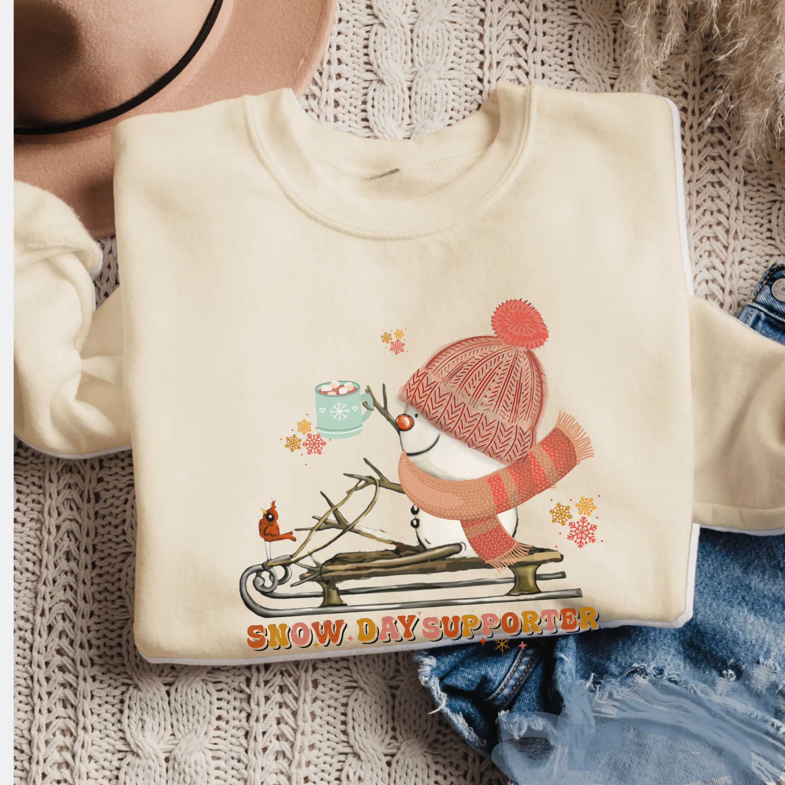 Women's Crewneck Sweatshirt, Snow Day Supporter Pullover, Comfy & Cozy, Winter Sweatshirt, Ash, White, Sand or Navy Sweatshirt